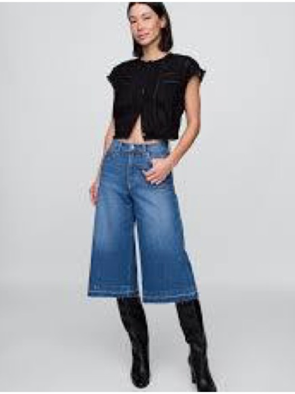 Massimo Dutti Mid Blue Wide-Leg Cropped Jeans